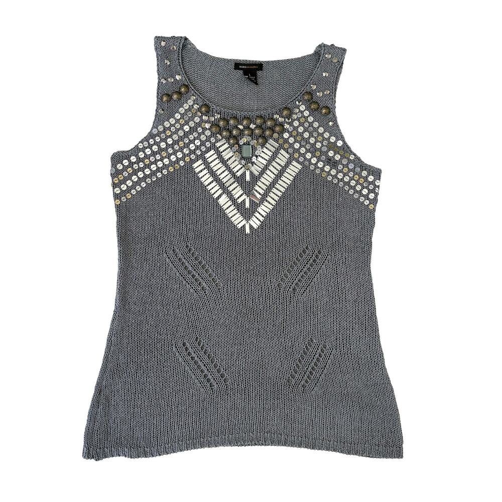 BCBG Beaded Metallic Knit Tank Top Women L Silver Y2K Crochet Sequin Festival